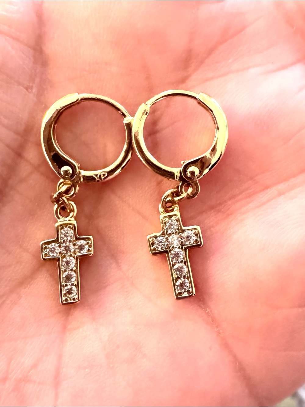18K Gold Plated Cross Huggie Earrings with Cubic Zirconia. New